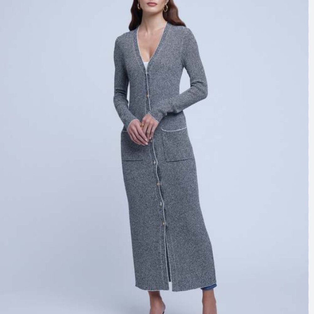 L’AGENCE Galena Boucle Knit Black/White Duster Cardigan Sweater | Size Small